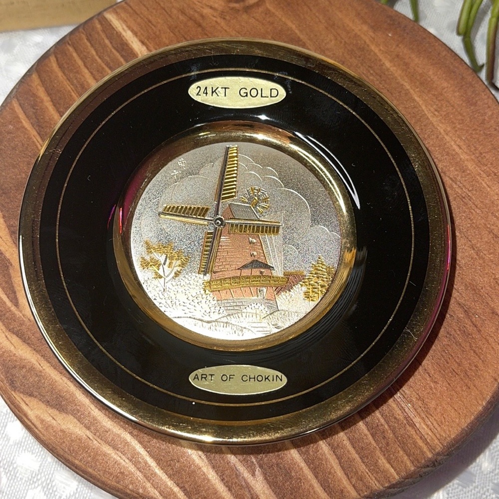 The Art of Chokin 24K Gold Edged Black Plate Windmill 4" Japan Rare Vintage Vg+.